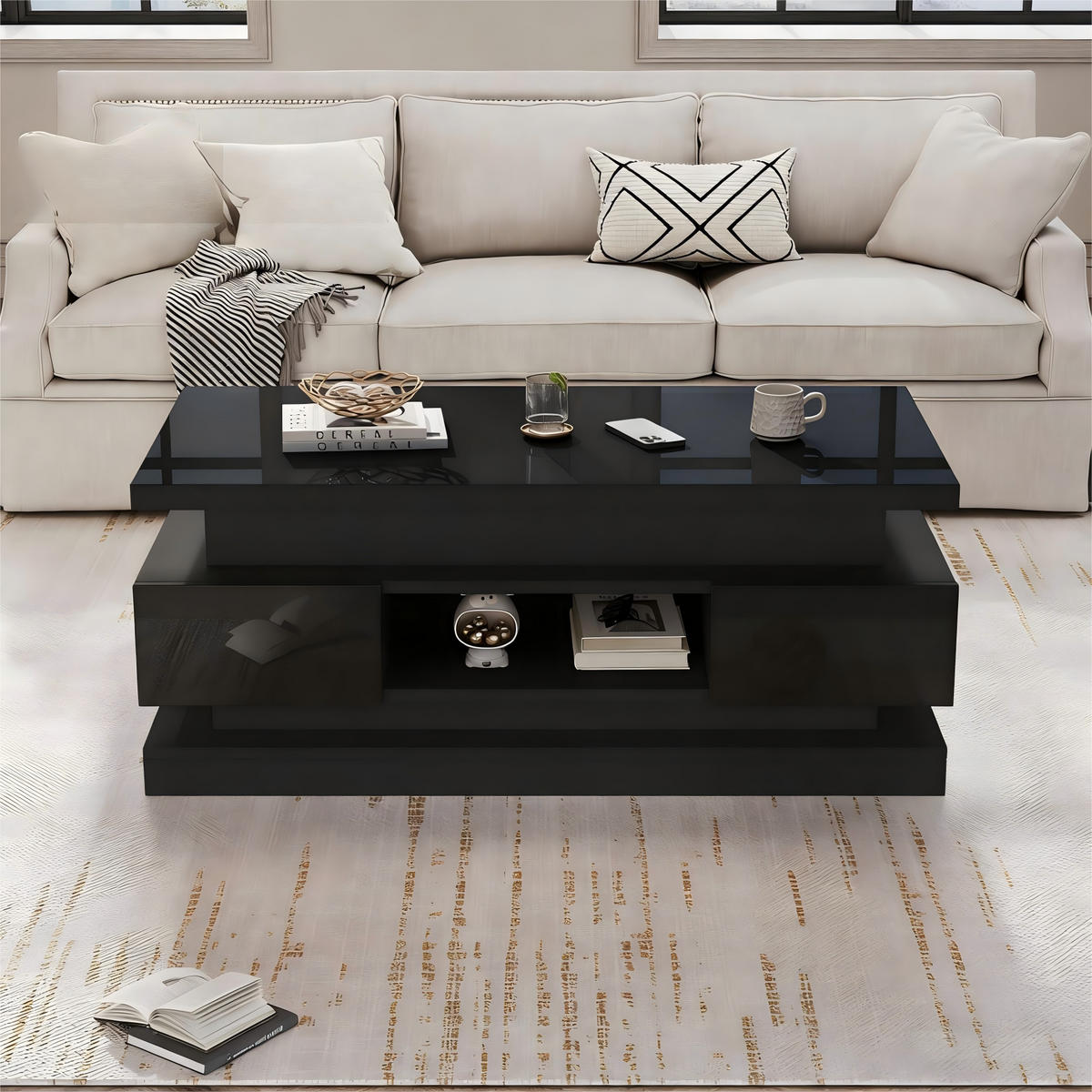 COUCHTISCH höhenverstellbar Schwarz LED 2 Schubladen 100/50/40 cm - Schwarz, Holzwerkstoff (100/50/40cm)