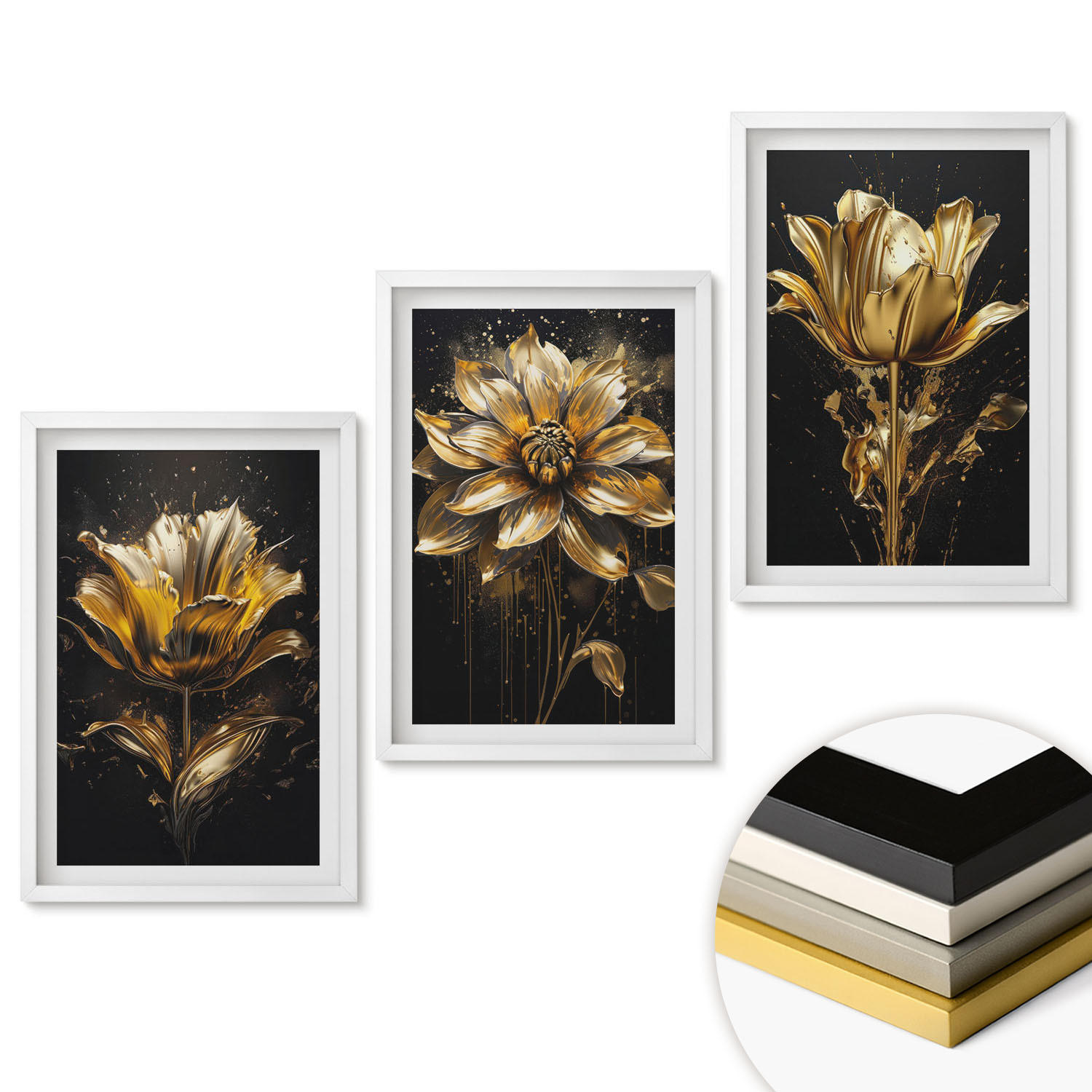 WANDBILDER 3er-Set - 40x60 cm Weißer Rahmen - Gelbe Blüten auf dunklem Hintergrund - Weiß, Kunststoff (40/60cm) - ArtPrintCave