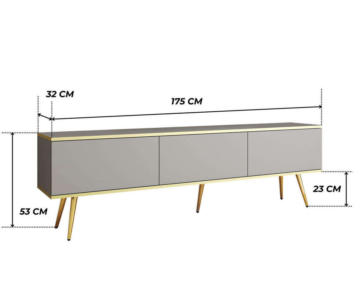 TV-LOWBOARD FORNO (Grau, Goldene Details, 3 Türen, goldene Metallfüße, 175 cm) - Gelb/Goldfarben, Holz/Holzwerkstoff (175/53/32cm) - Ravio