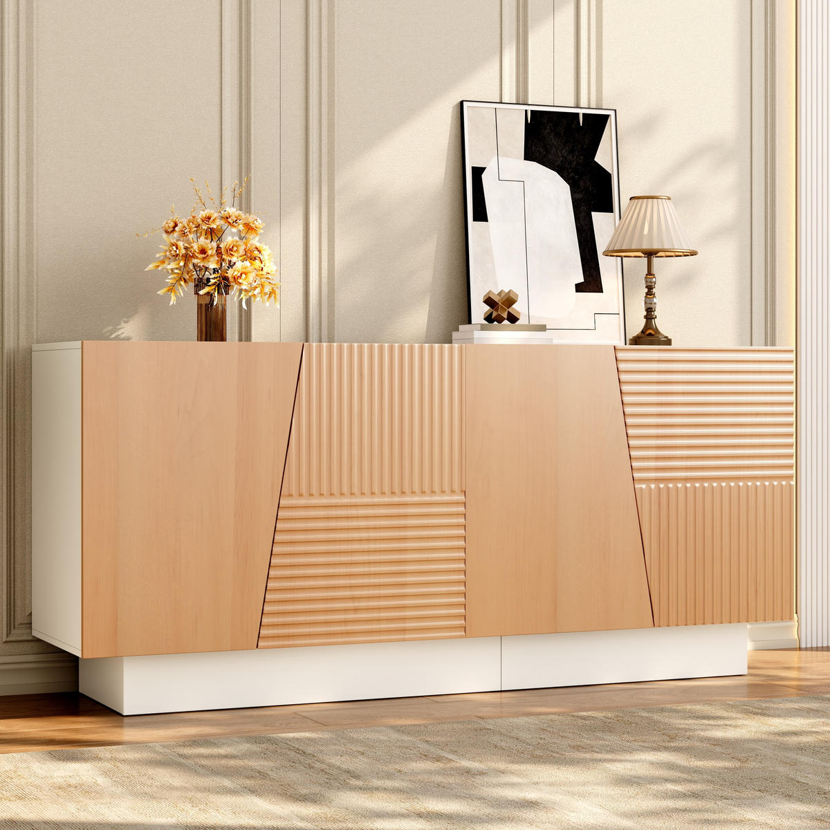 SIDEBOARD geometrische Rillen 4 Türen Stauraum modern - Weiß, Holzwerkstoff (40.5/72/160cm) - FLIEKS
