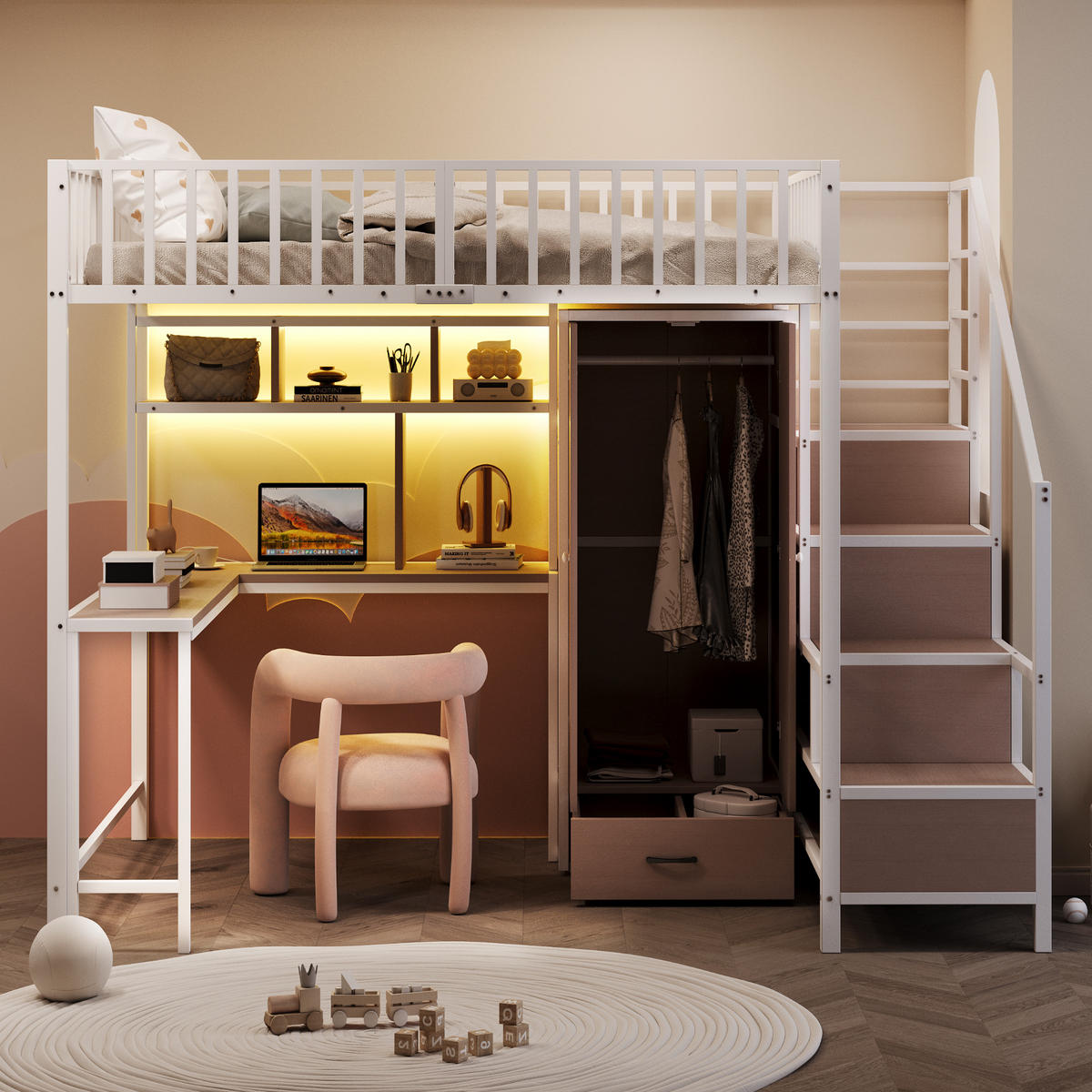 HOCHBETT 140/200 cm weiß aus Metall mit Schreibtisch Regal LED und USB - Weiß, Metall (140/200cm) - OKWISH