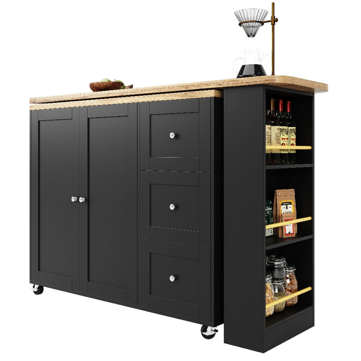 KÜCHENINSEL STEHTISCH 360° drehbar, Kücheninsel auf Rollen, MDF Schwarz, mit 3 Schubladen, 203/39/106 cm - Schwarz, Kunststoff (39/106/203cm) - Rolipo