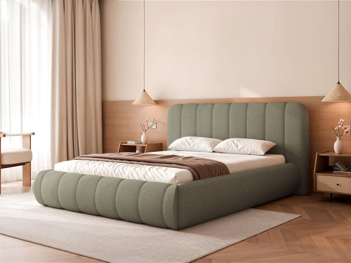 POLSTERBETT Gallo 160x200 cm Hellgrün Schlingengewebe – (Doppelbett mit Bettkasten, Lattenrost, voluminöses Kopfteil) - Hellgrün, Holz/Holzwerkstoff (160/200cm) - Ravio