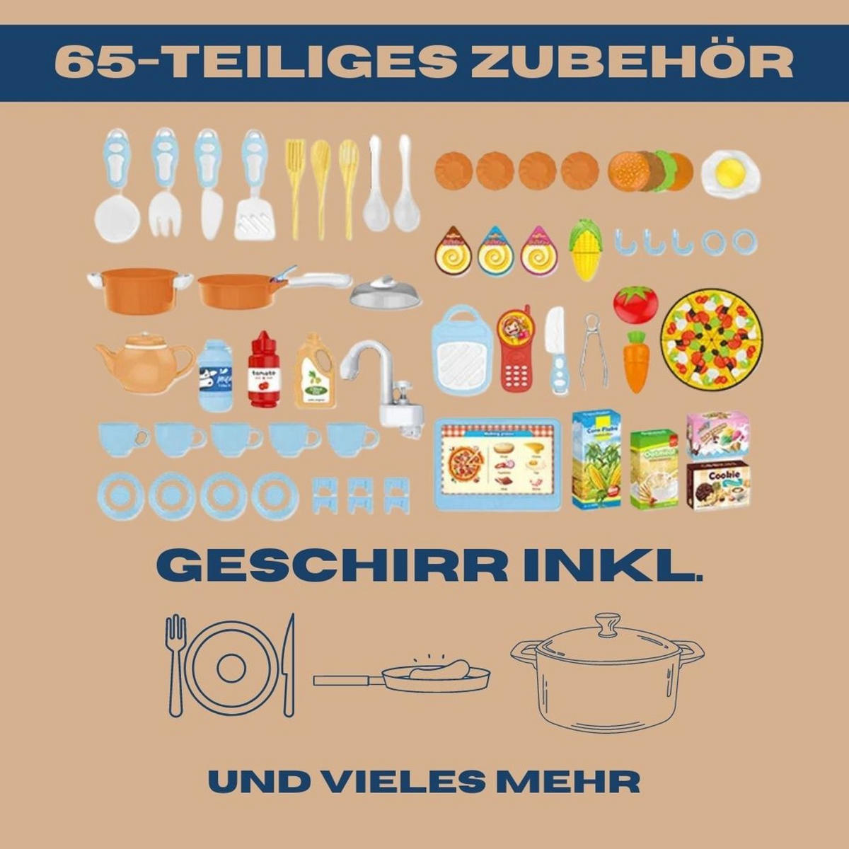 KINDERKÜCHE SUSI mit 65-tlg. Zubehör, Farbe Blau - Blau, Kunststoff (30/80cm) - Coemo