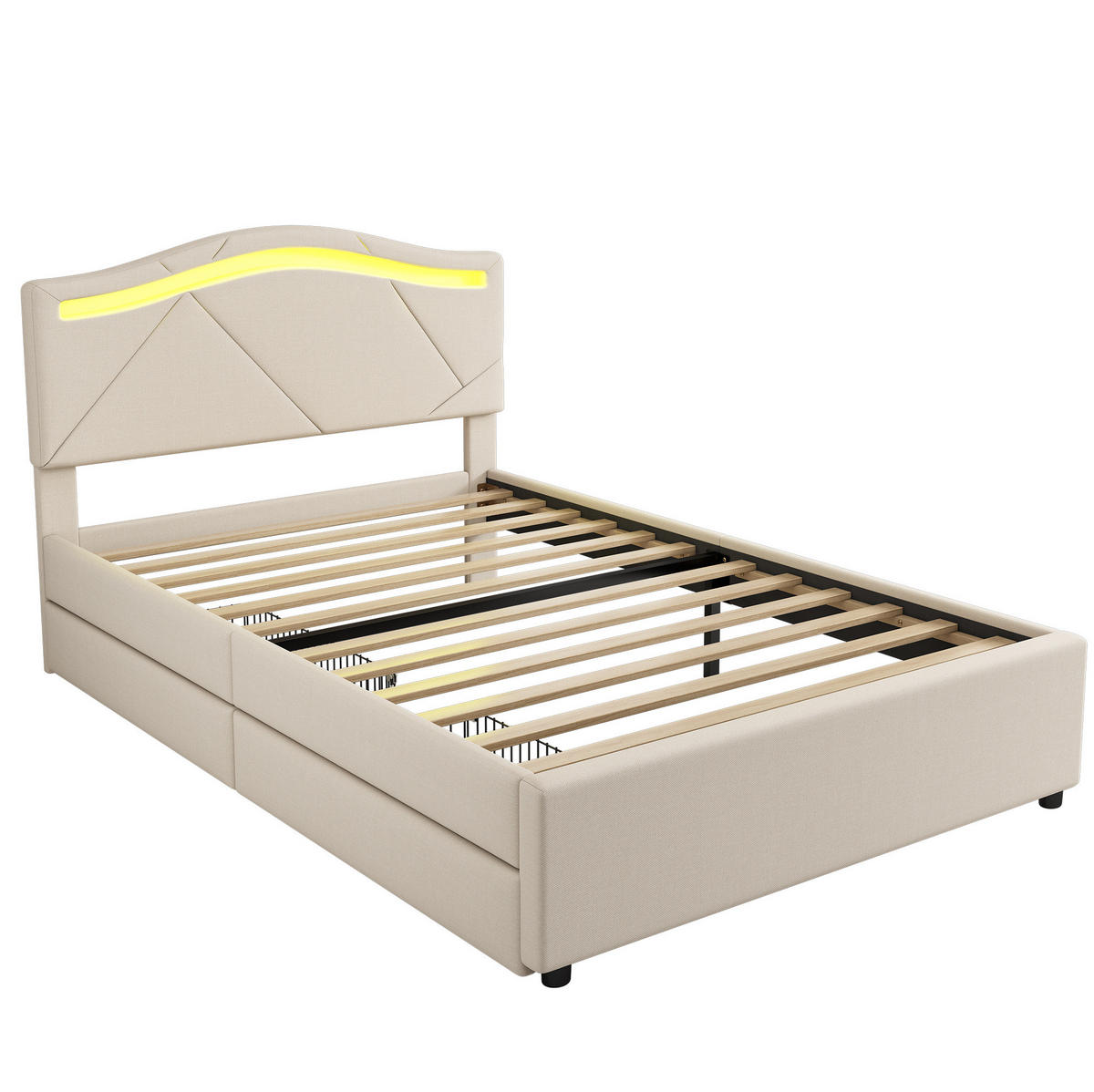 BETT mit Lattenrost, LED und 2 Schubladen 90x200 cm Beige - Beige, Metall (90/200cm) - Meubliv