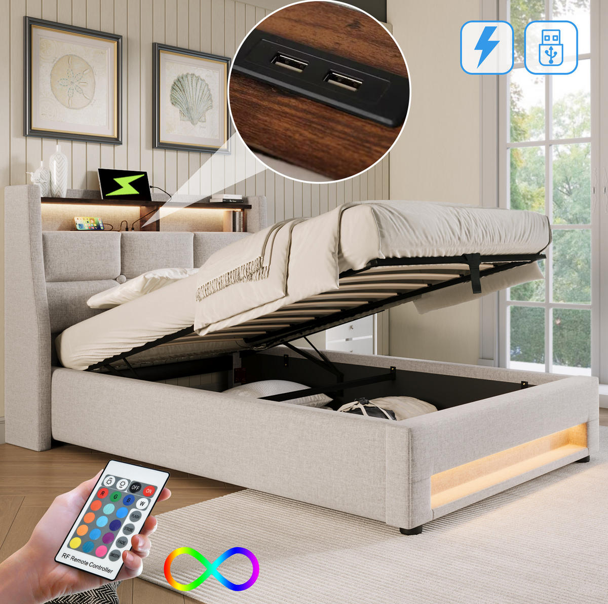 POLSTERBETT 90/200 cm in Beige mit USB-Anschluss, LED-Beleuchtung und Stauraum - Beige, Textil (90/200cm) - Flora Grace