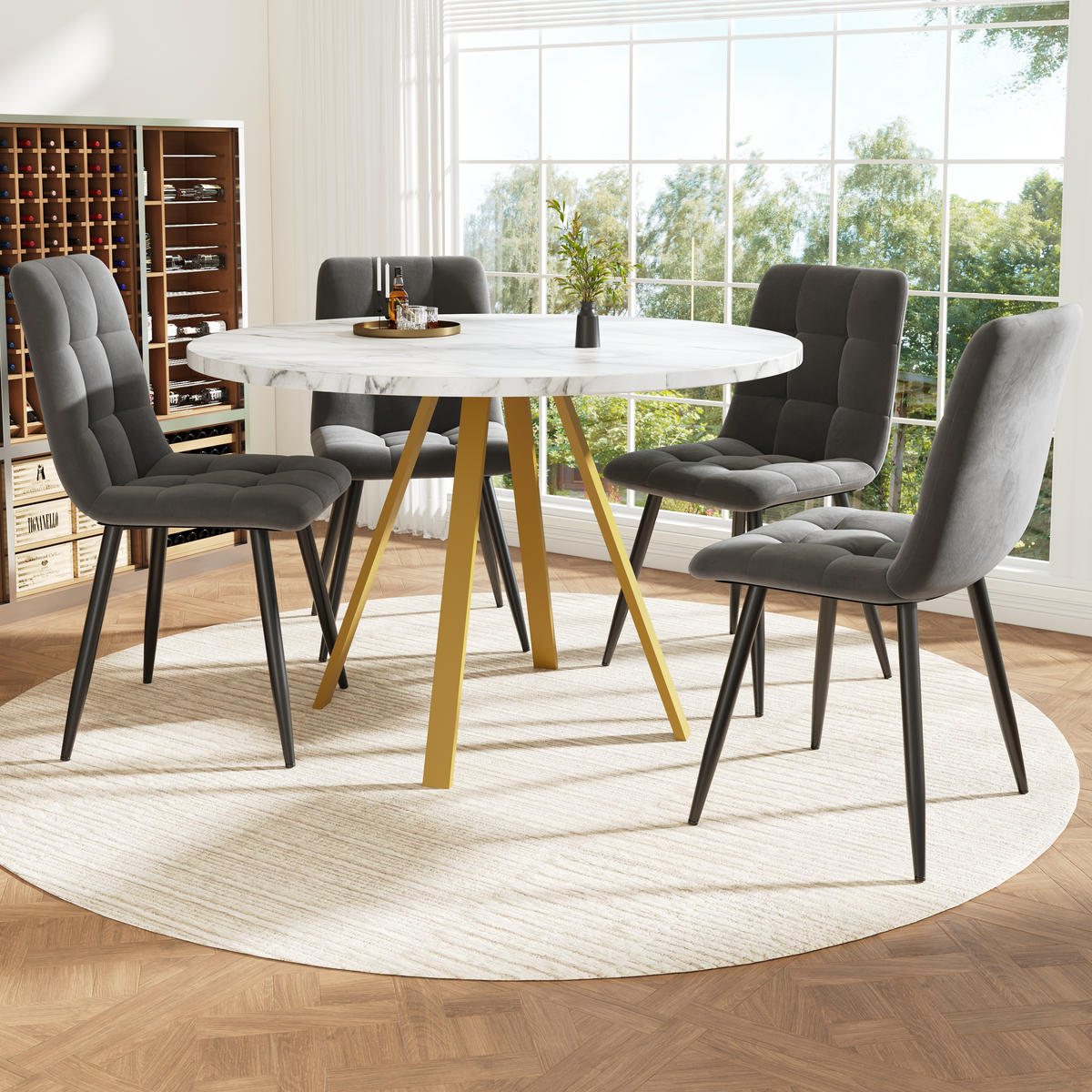 ESSTISCHSET 5-Teilig Rund 80 Cm, Weiß Marmor, 4 Graue Samtstühle - Multicolor, Metall (87/10.8/87cm) - FLIEKS
