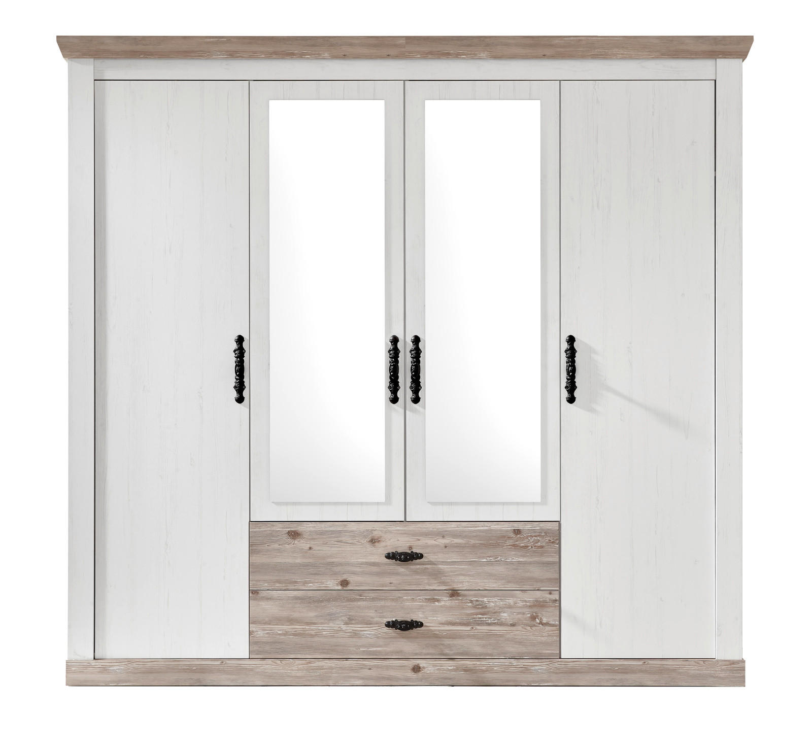 KLEIDERSCHRANK Pinie weiß, Oslo Pinie Landhaus, Drehtürenschrank 4-türig mit Spiegel, 217 x 201 cm - Anthrazit/Weiß, Holzwerkstoff/Metall (217/201/60cm) - Furn.Design