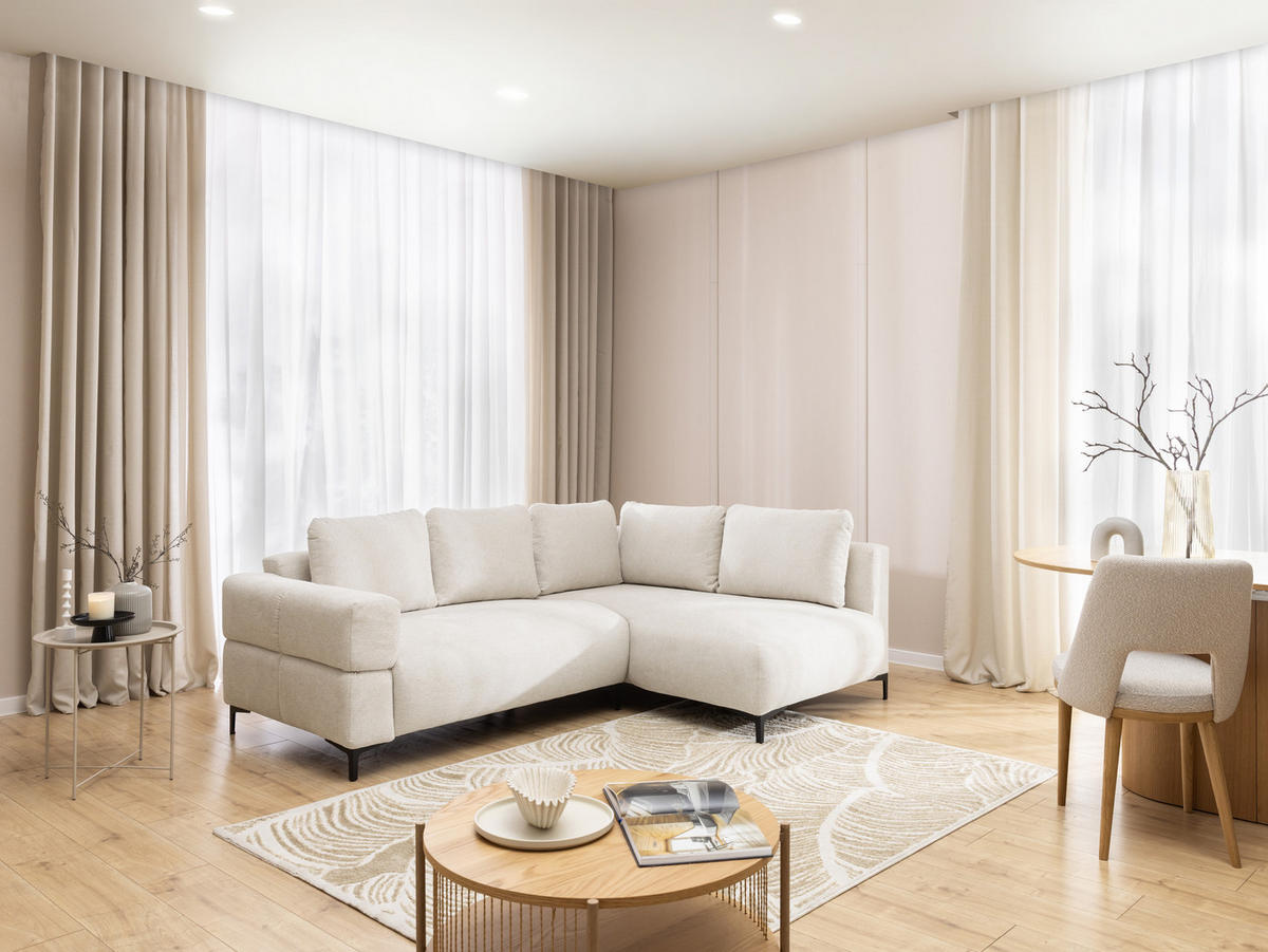 ECKSOFA Cardea in Bubble-Optik aus weichem Creme Strukturstoff mit hohem Sitzkomfort - Ottomane rechts - Creme/Schwarz, Holz/Textil (230/170cm) - S-Style Möbel