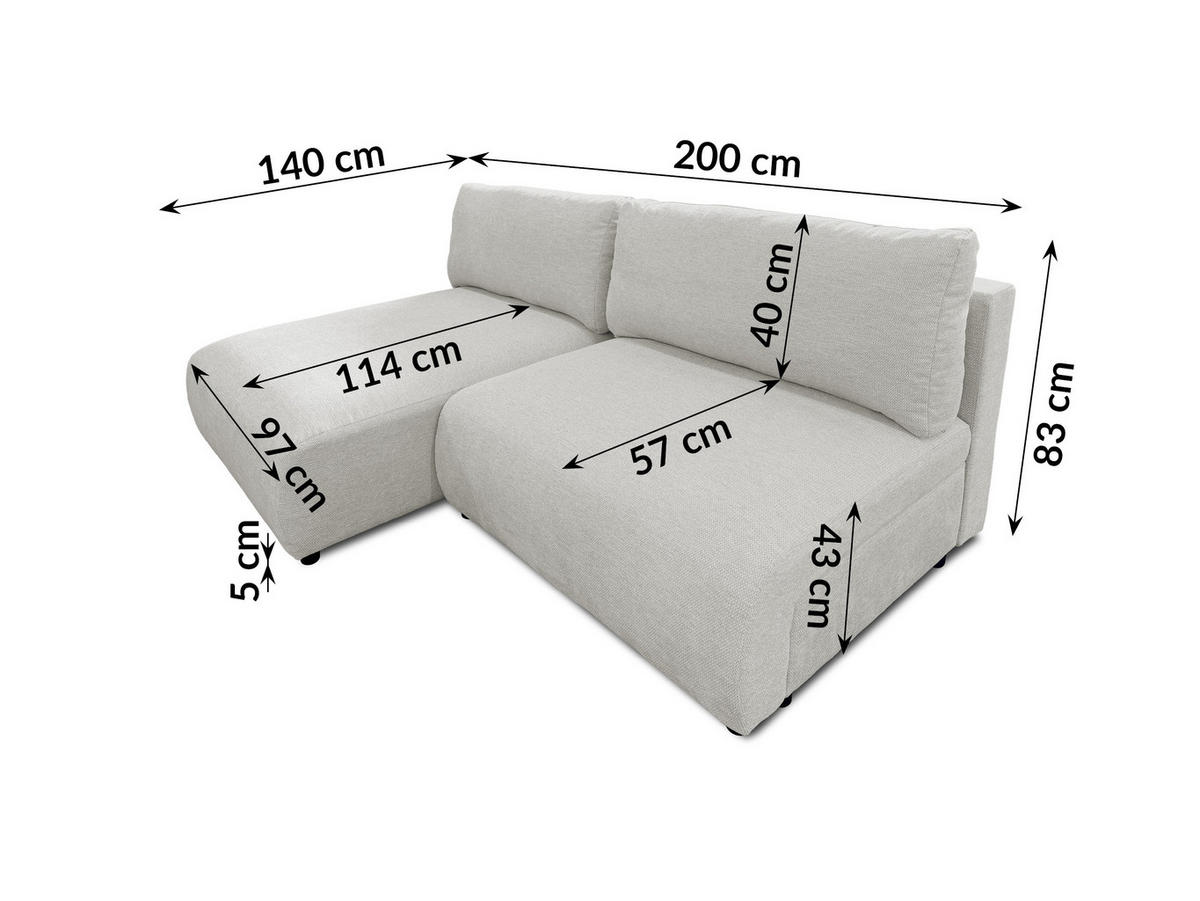 ECKSOFA Sora mit Schlaffunktion, Bettkasten und extra tiefer Komfortzone aus hochwertigem Hellgrau Strukturstoff - Hellgrau/Schwarz, Holz/Kunststoff (140/200cm) - S-Style