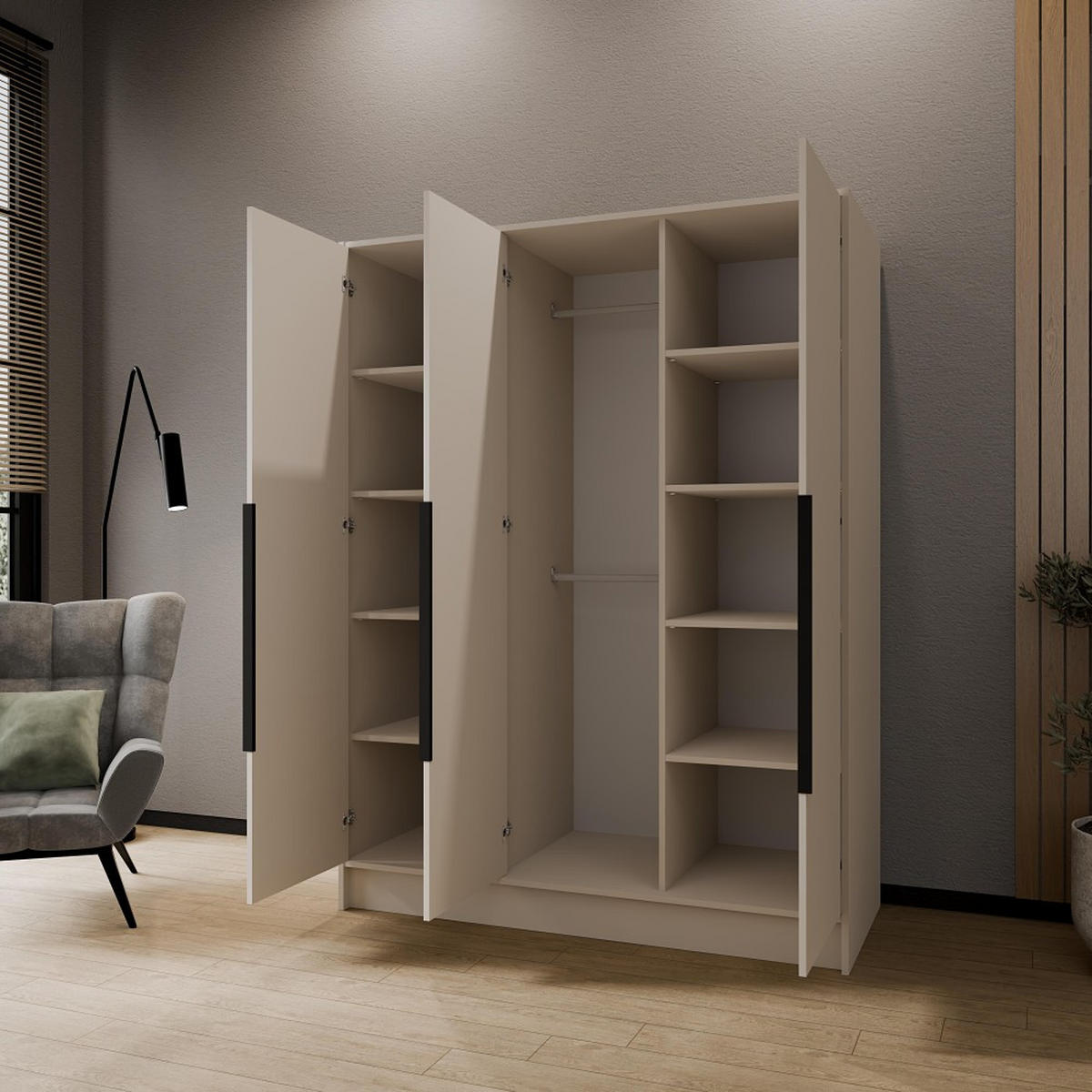 DREHTÜRENSCHRANK Pavia ohne Spiegel, Kaschmir mit mit schwarzen Griffen, 150 cm - Kaschmir, Holzwerkstoff (150/200/51cm) - Beautysofa