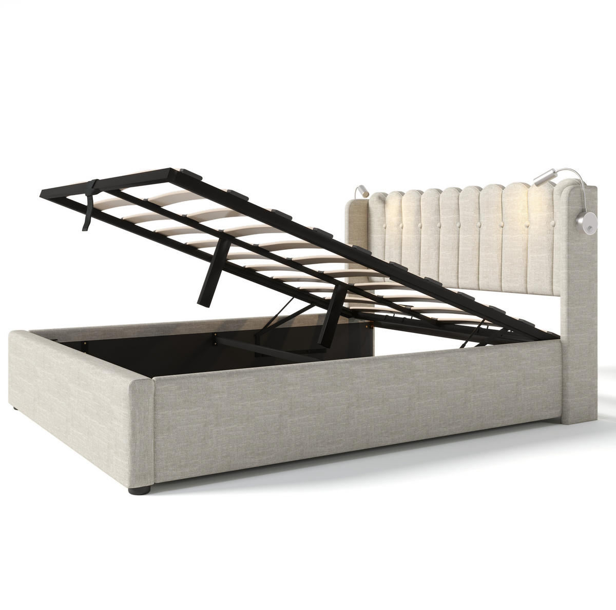 POLSTERBETT 140/200 cm mit Bettkasten, Leselicht und USB, gepolstertes Kopfteil - Beige, Textil (140/200cm) - BEAOK