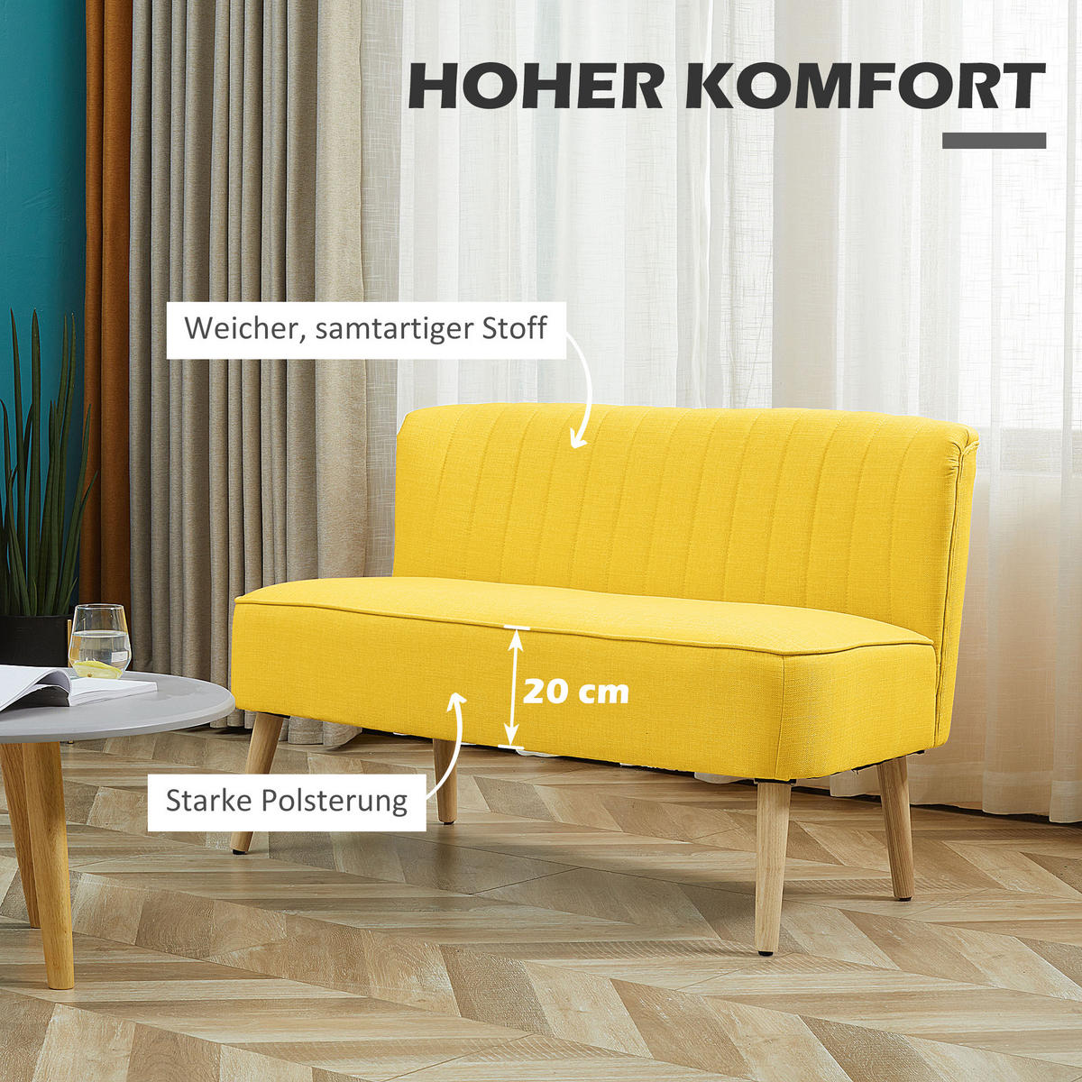 SOFA 2-Sitzer Couch Stoffsofa Sitzmöbel Polstersofa Loungesofa breit Gelb - Gelb/Naturfarben, Holz/Textil (56.5/77/117cm) - HOMCOM