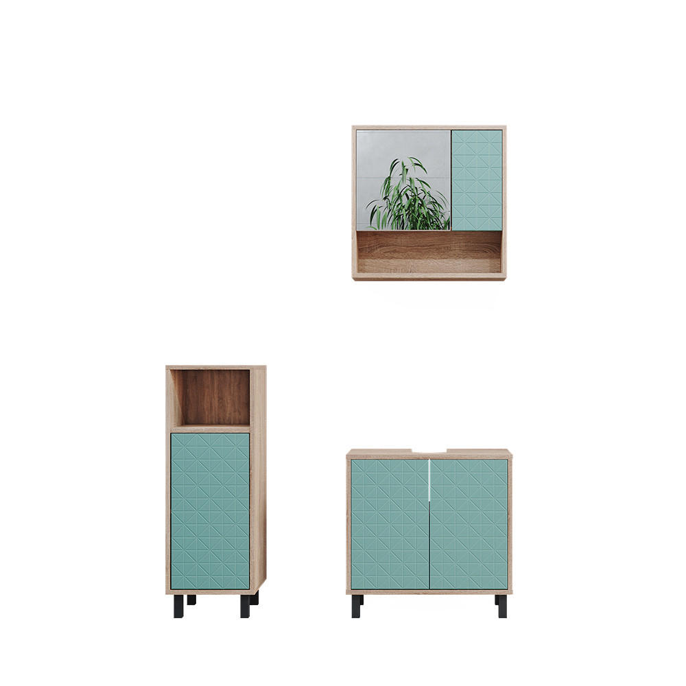 BADMÖBEL-SET Agasta Mintgrün 3 Teile, mit Midischrank - Mintgrün/Sonoma Eiche, Holzwerkstoff (56/57/28cm) - Vicco