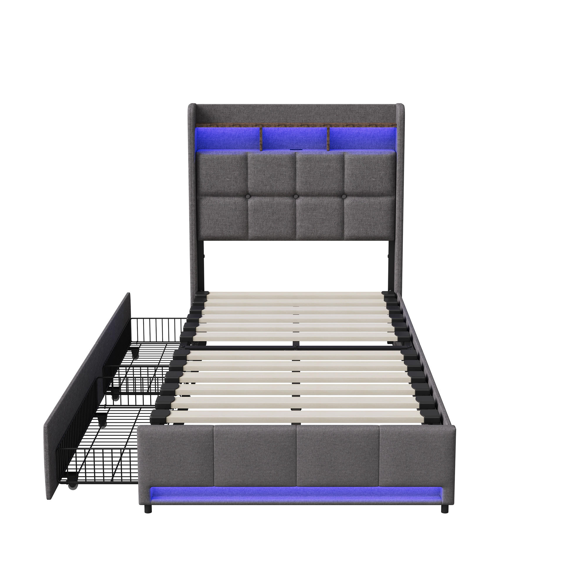 POLSTERBETT 90x200 cm LED USB Schubladen Leinen grau - Grau, Holz (90/200cm) - LEBENLANG