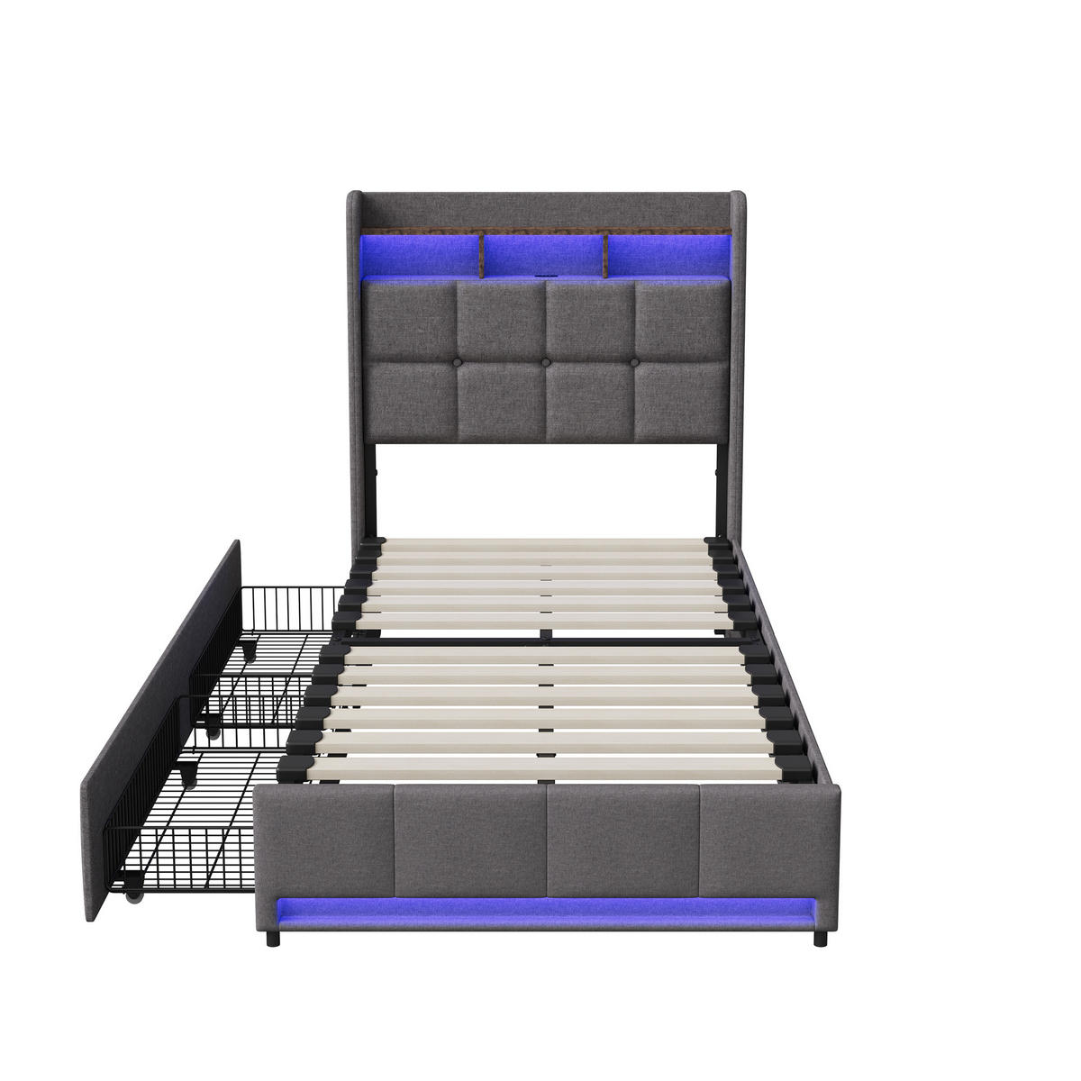 POLSTERBETT 90x200 cm Grau mit LED, 2 Schubladen, Kopfteil mit Ablage und Stauraum - Grau, Metall (90/200cm) - EuroLiving