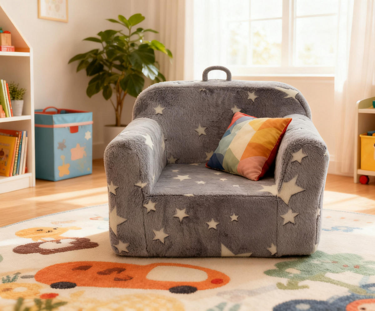 KINDERSOFA Stoff mit Armlehnen, leuchtendem Sternmuster abnehmbarer Bezug 49/64/49 cm Grau - Grau, Textil (64/49/49cm) - Redom