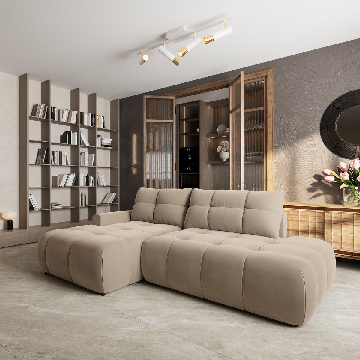 ECKSOFA FLUMA CL L-S Beige Samtstoff mit Schlaffunktion - Beige, Holzwerkstoff/Textil (279/158cm) - MASSENO