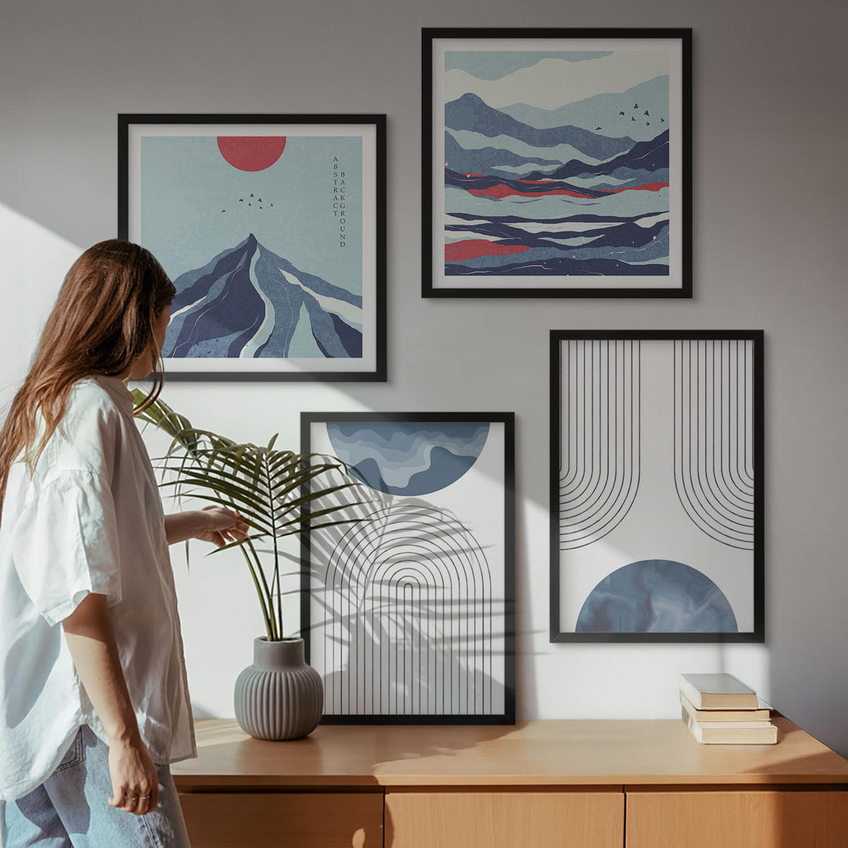 BILDER SET 4er Set - 50x50 cm & 40x60 cm Schwarzer Rahmen - Abstrakte Berglandschaften - Schwarz, Kunststoff (50/50cm) - TULUP