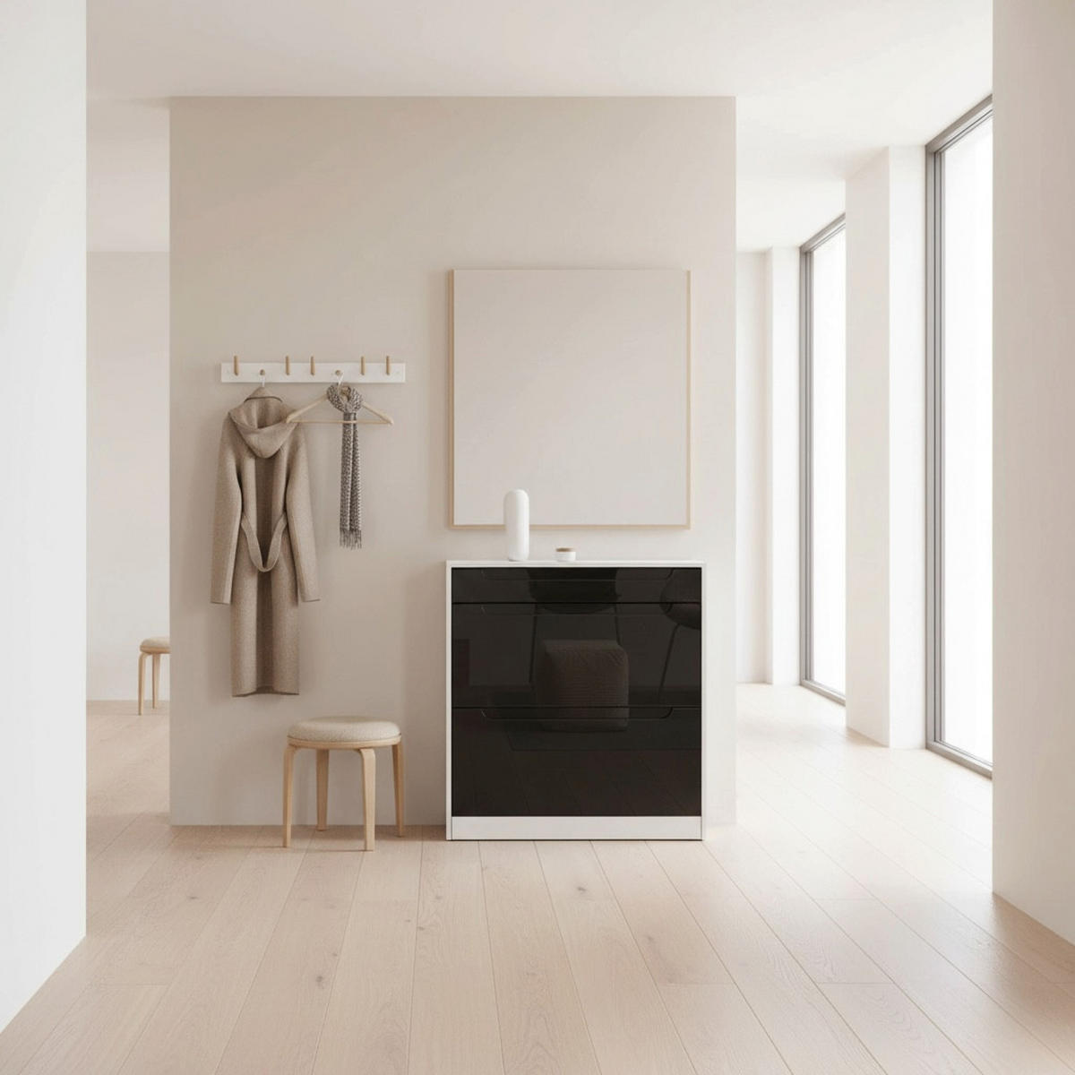 SCHUHSCHRANK Venezia Schmal mit 2 Klappen und 1 Schublade, Platzsparender Schuhkipper, Schwarz Hochglanz (89 x 95,5 x 23 cm) - Schwarz Hochglanz, Holzwerkstoff (89/95.5/23cm) - InnoFurn