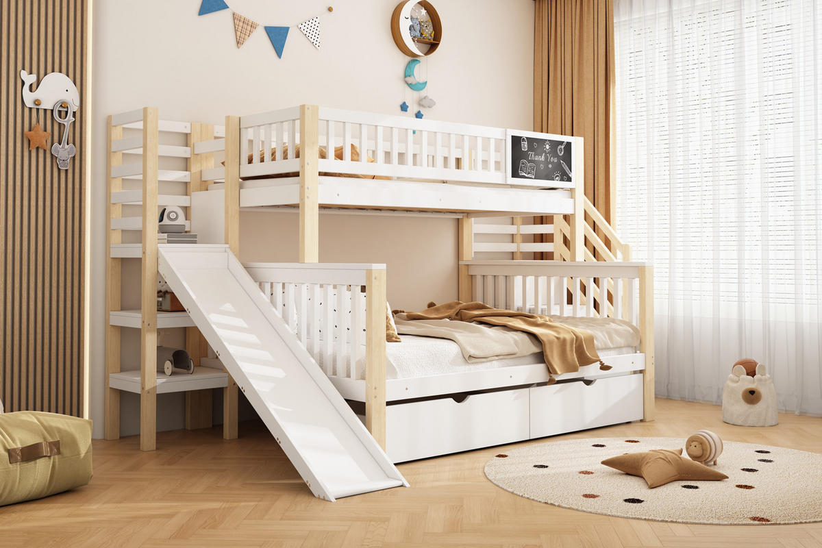 ETAGENBETT 90/200 cm & 140/200 cm in Weiß & Natur mit Rutsche, Tafel und Stauraum - Weiß, Holz/Holzwerkstoff (140/200cm) - CHICFURN