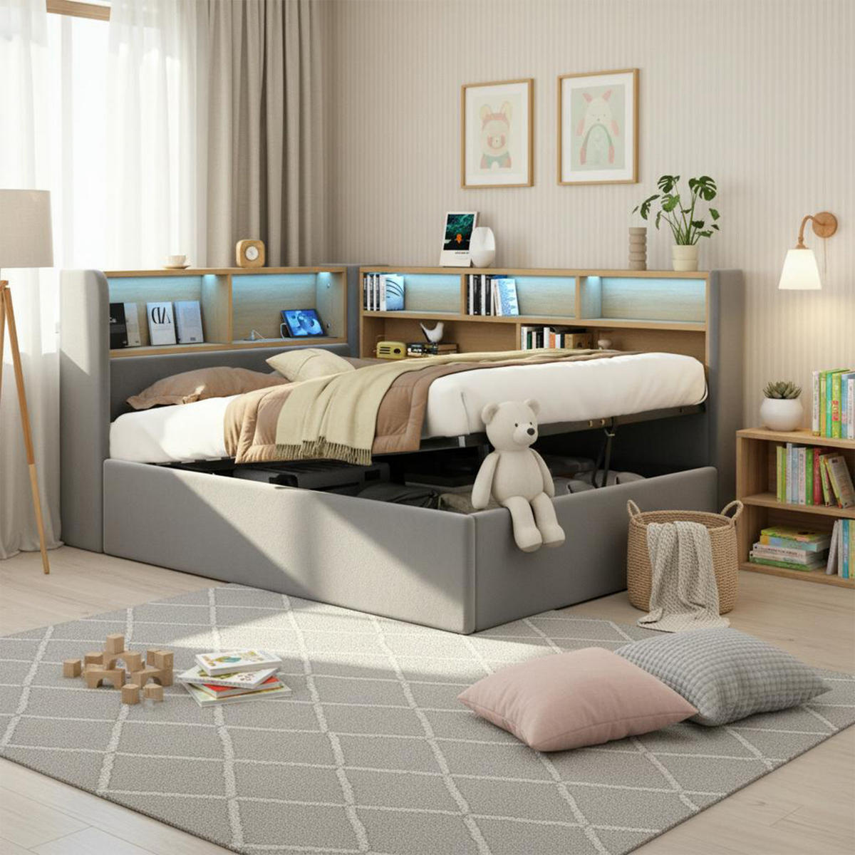 MULTIFUNKTIONSBETT 90/200 cm grau aus Samt mit hydraulischem Stauraum - Grau, Textil (90/200cm) - OKWISH