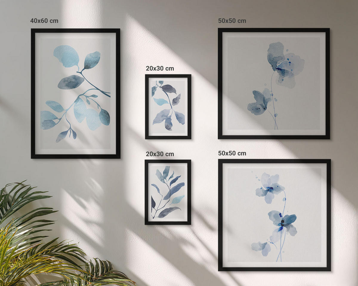 WANDBILDER 5er-Set - 50x50 cm & 20x30 cm & 40x60 cm Schwarzer Rahmen - Aquarell von blauen Blättern - Schwarz, Kunststoff (40/60cm) - ArtPrintCave