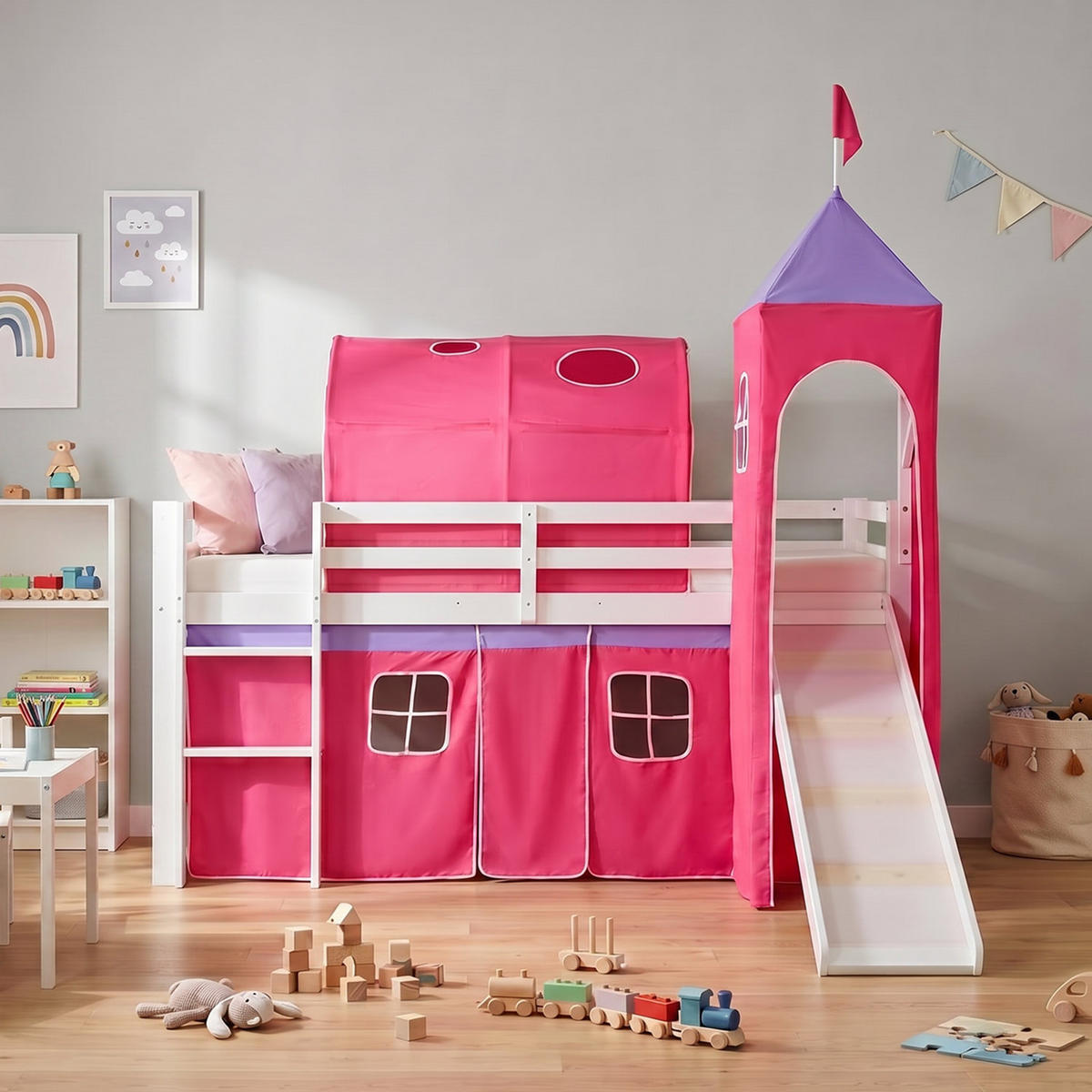 HOCHBETT mit Rutsche 90/200 cm Pink - Pink/Weiß, Holz - Homestyle4u