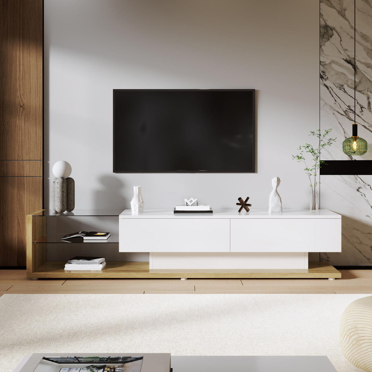 TV-ELEMENT 170 cm Hochglanz Weiß Holzoptik mit LED-Beleuchtung und Glasregalen - Weiß, Holzwerkstoff (36/38/170cm) - Korfee
