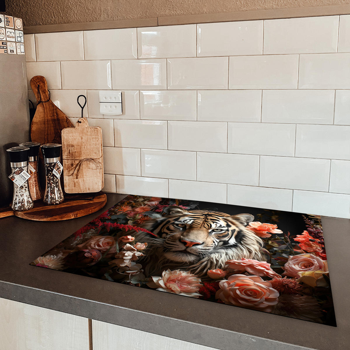 HERDABDECKPLATTE Tiger - Tier - Natur - Floral - Botanisch Herdabdeckung Induktionsfeld 70x52 cm - Orange, Kunststoff (70/52/0.2cm) - MuchoWow