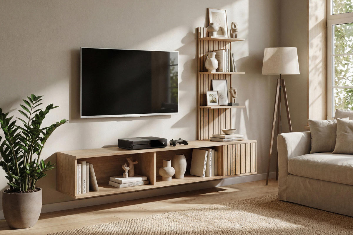 TV-LOWBOARD Cremona Eiche Leistenoptik 180 cm hängend, TV Unterschrank Set mit Paneel und Regal - Eichefarben, Holzwerkstoff (180/130/40cm) - Inn.Furn