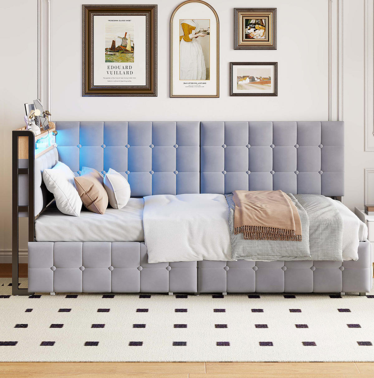 POLSTERBETT mit LED-Beleuchtung 90/200 cm mit 2 Schubladen und gepolstertem Kopfteil - Grau, Textil (90/200cm) - BEAOK