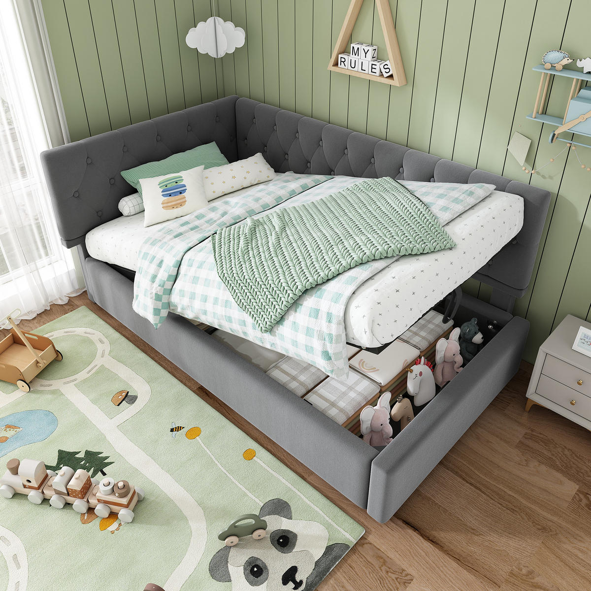 POLSTERBETT L-förmig mit Stauraum Samt Grau 90/200 cm - Grau, Textil (90/200cm) - OKWISH