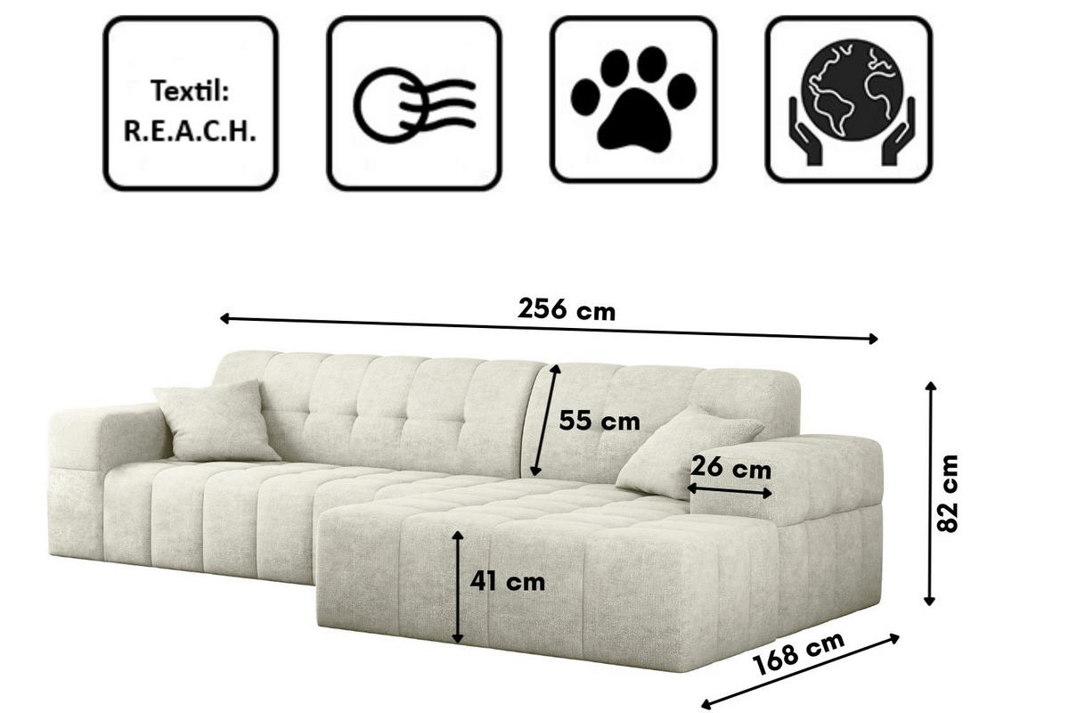 ECKSOFA NIMES Stoff Perfect Harmony Creme Rechts - Creme, Holz/Kunststoff (265/168cm) - Kaiser Möbel