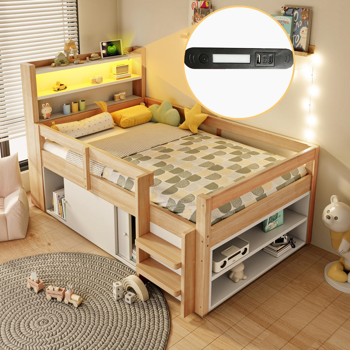HOCHBETT 90/200 cm in Natur mit Ablageflächen, Staufächern, Schiebetüren, LED und USB - Naturfarben, Holzwerkstoff - STILVORA