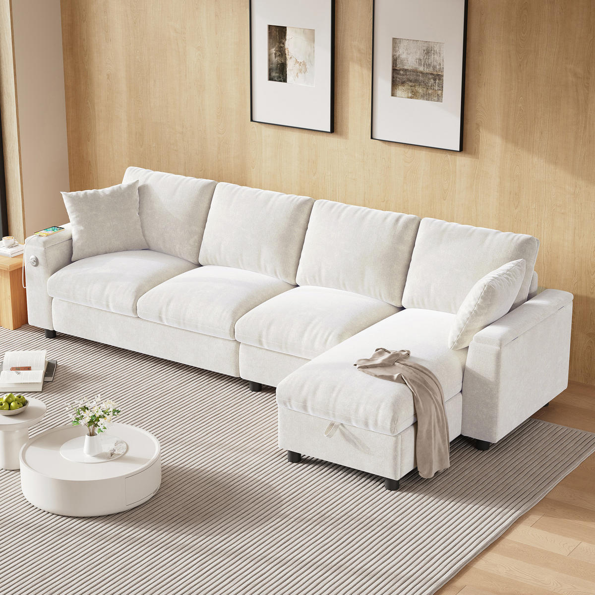SOFA Beige L-Form Chenille Stauraum USB ausziehbar Tisch - Beige, Textil (137/84/280cm) - FLIEKS