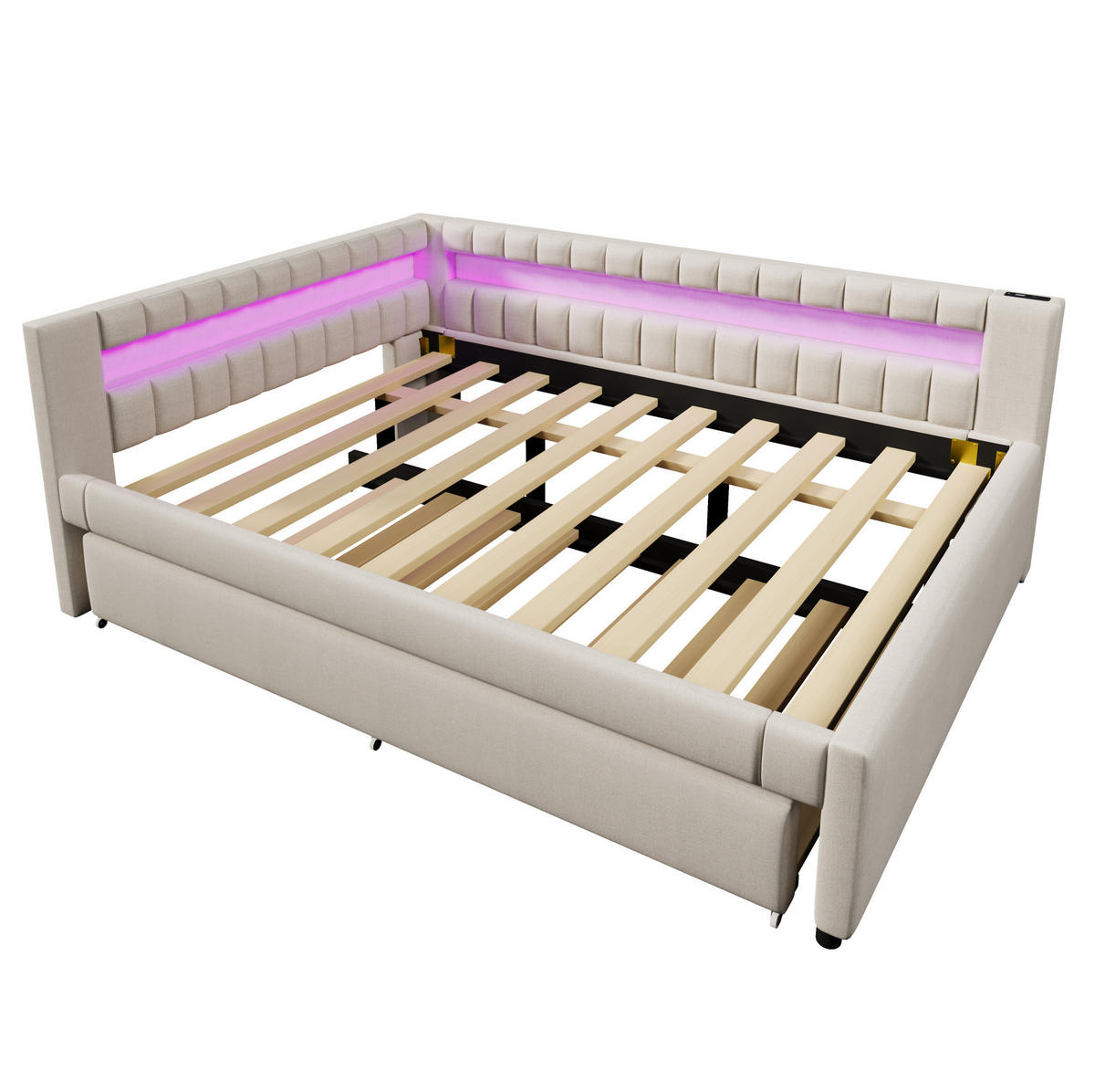 POLSTERBETT 140/200 cm Beige mit Ausziehbett mit LED-Beleuchtung mit USB- und Type-C-Anschlüssen - Beige, Textil (140/200cm) - OKWISH