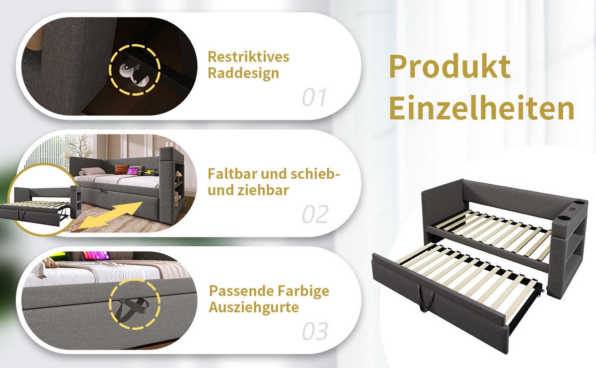 POLSTERBETT 90/200 cm mit Ausziehbett, USB- und Type-C-Anschluss sowie Getränkehalter, Grau - Grau, Textil (90/200cm) - Redom