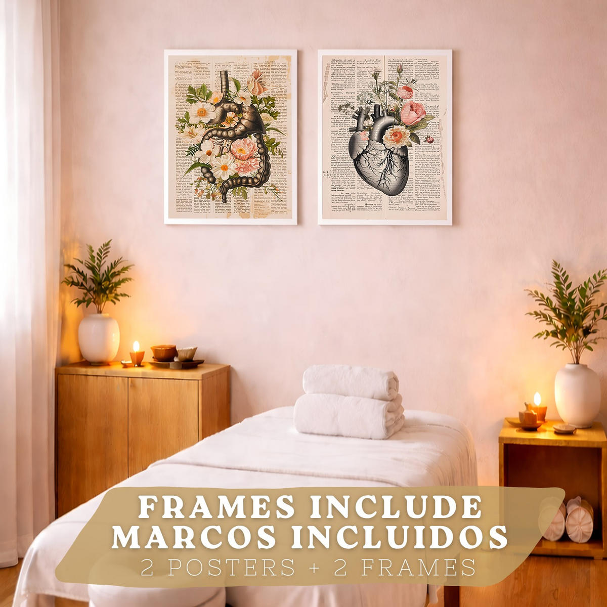 POSTER Set aus 2 Anatomie Mensch Drucke und Wandbilder mit Verdauungssystem Darm und Herz Klassisches Florales Design Größe Weißer Rahmen A4 - Weiß, Papier (21/29.7/3cm) - Nacnic