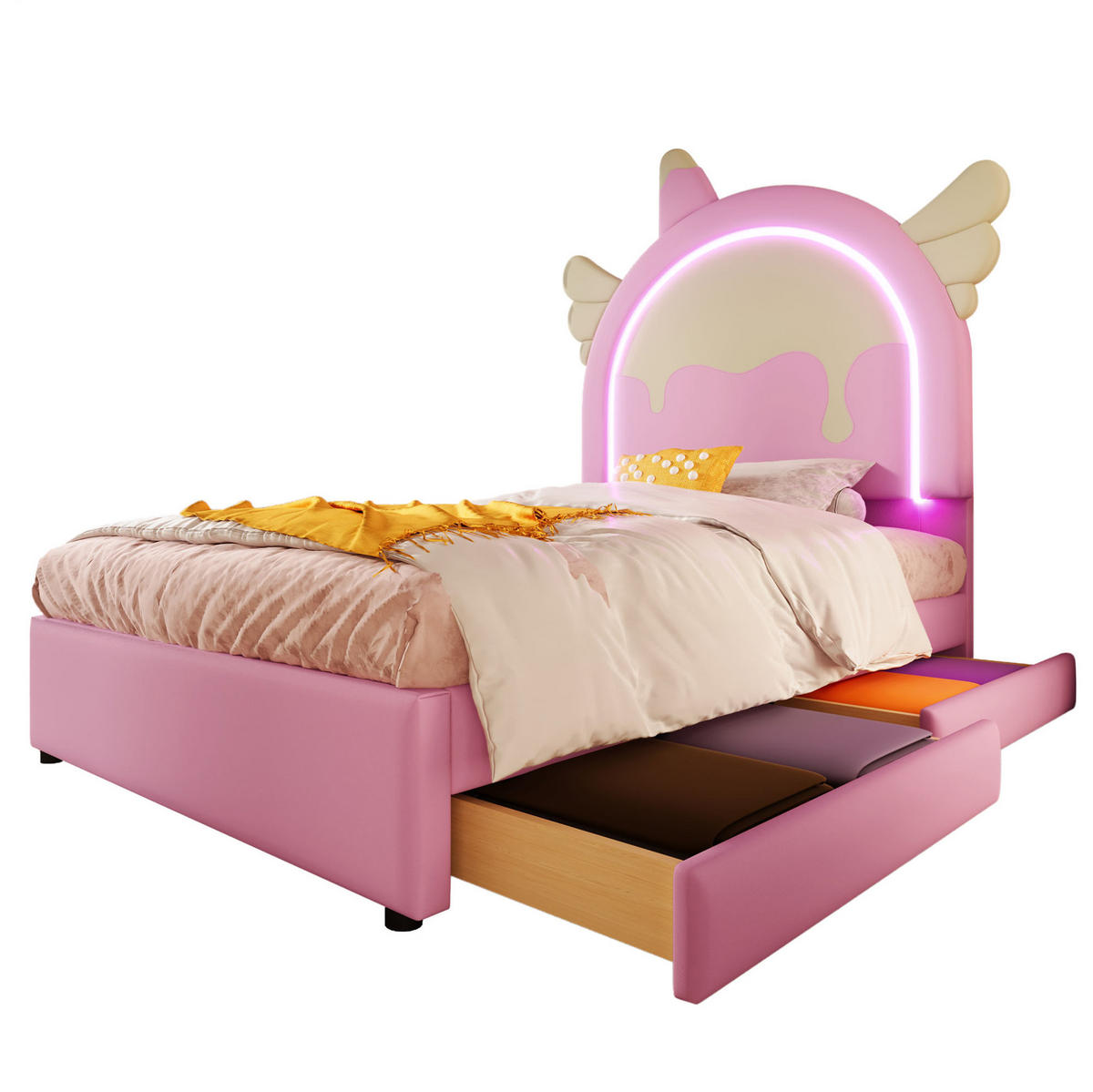 POLSTERBETT mit LED-Beleuchtung 90/200 cm in Rosa mit 2 Schubladen - Rosa, Kunststoff (90/200cm) - BEAOK