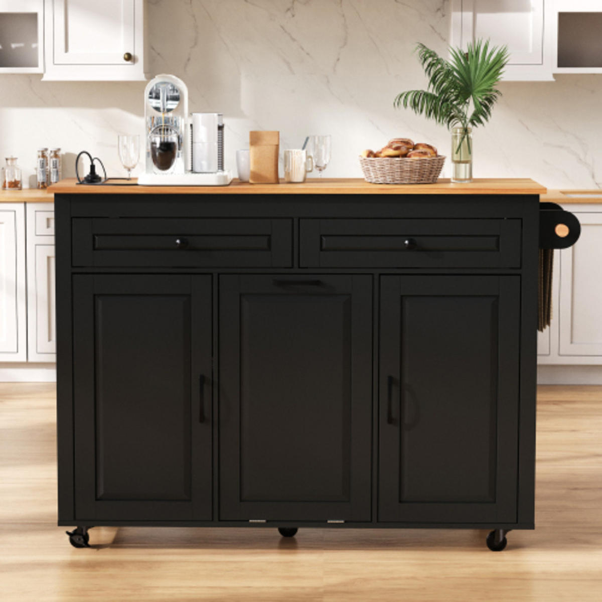 KÜCHENINSEL mit ausziehbarer Arbeitsplatte & Ladestation schwarz 120×40-75×92 cm aus MDF - Schwarz, Holzwerkstoff (120/92/75cm) - Luhomfu