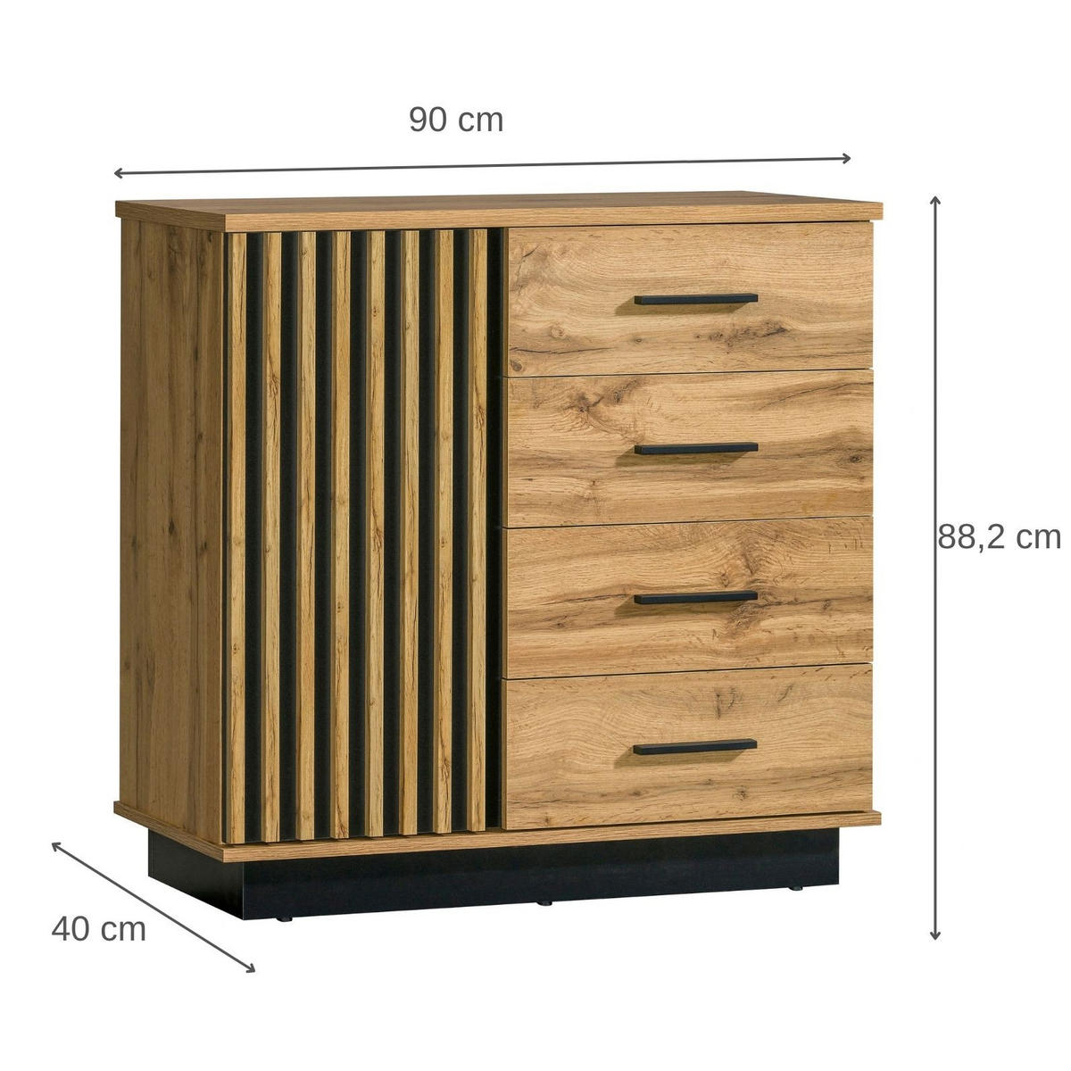 KOMMODE Lamelo mit 1 Tür und 4 Schubladen, Lamellenfront, 90 cm, Eiche Wotan - Eiche Wotan, Holzwerkstoff (90/88/40cm) - Beautysofa