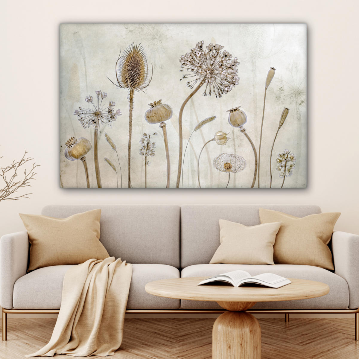 LEINWANDBILD Blumen - Aquarell - Stilleben - Braun - Vintage Wohnzimmer Groß 120x80 cm - Beige, Textil (120/80cm) - MuchoWow