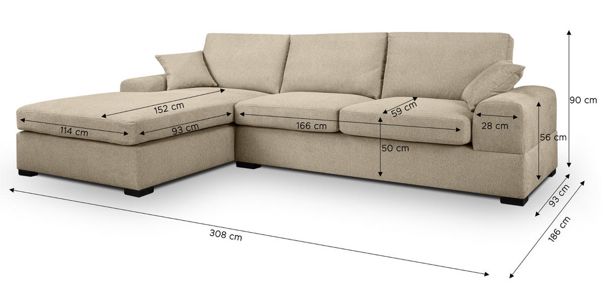 SOFA beige Strukturstoff 308 cm, Ecksofa 5-Sitzer, L-Sofa Ottomane links - Beige/Schwarz, Holz/Textil (308/186cm) - Inn.Furn