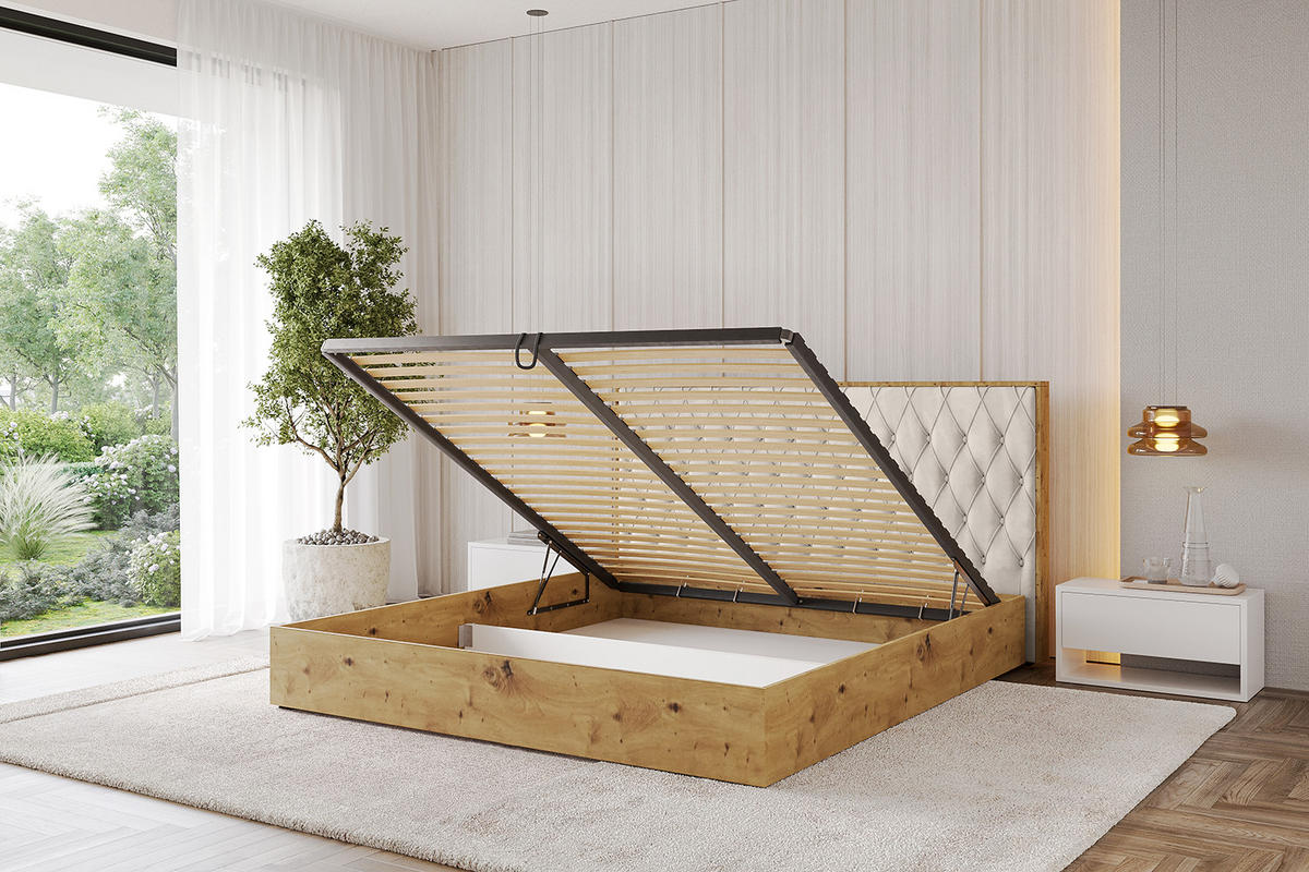 POLSTERBETT mit Bettkasten und Lattenrost, Bett mit Matratze H3/H4 - ENZO5 200x200 Beige - Beige, Holzwerkstoff/Textil (200/200cm) - ALTDECOR