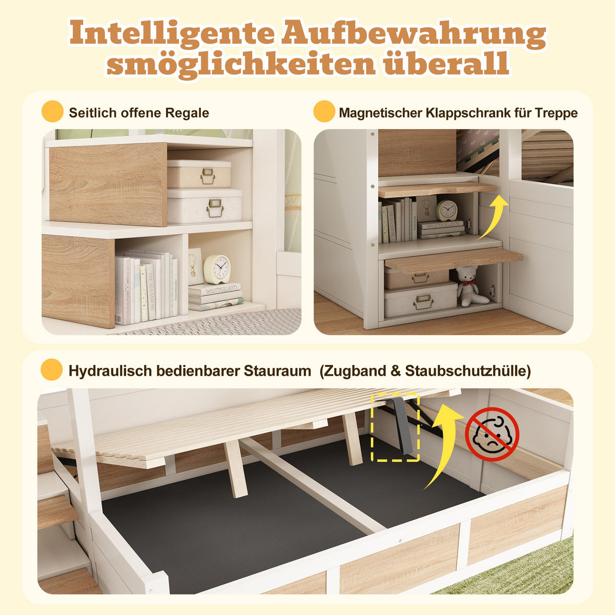 ETAGENBETT 90/200 cm & 140/200 cm in Weiß & Natur mit Stauraum, Regal und 4 Stufen - Weiß/Naturfarben, Holz/Holzwerkstoff (140/200cm) - WISHDOR