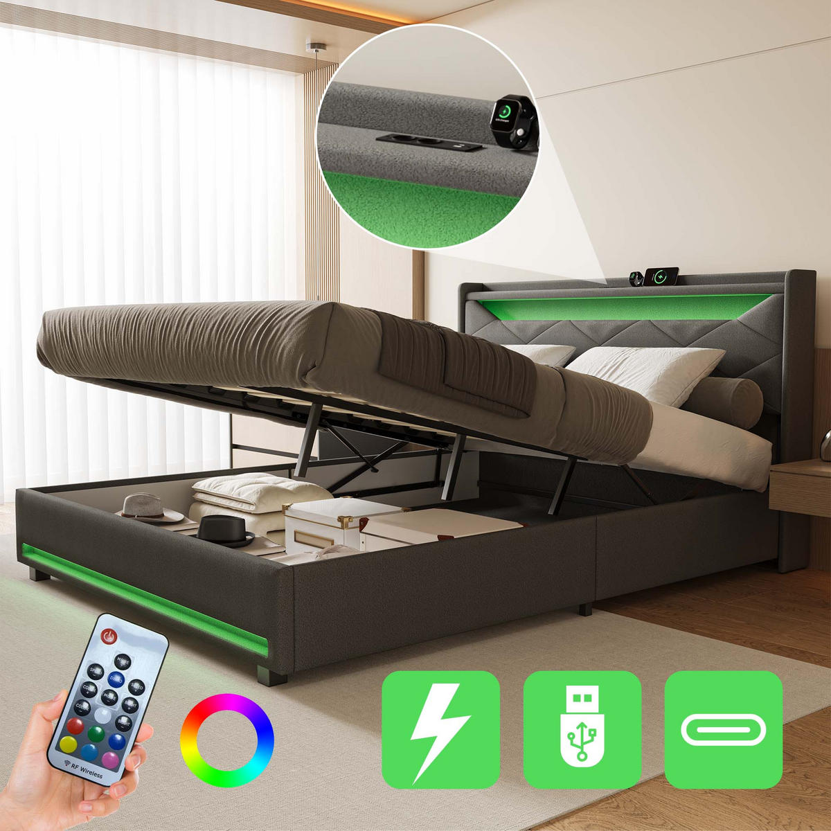 POLSTERBETT 140x200 cm, Bett mit LED-Beleuchtung, Grau Leinen - Grau, Metall (140/200cm)