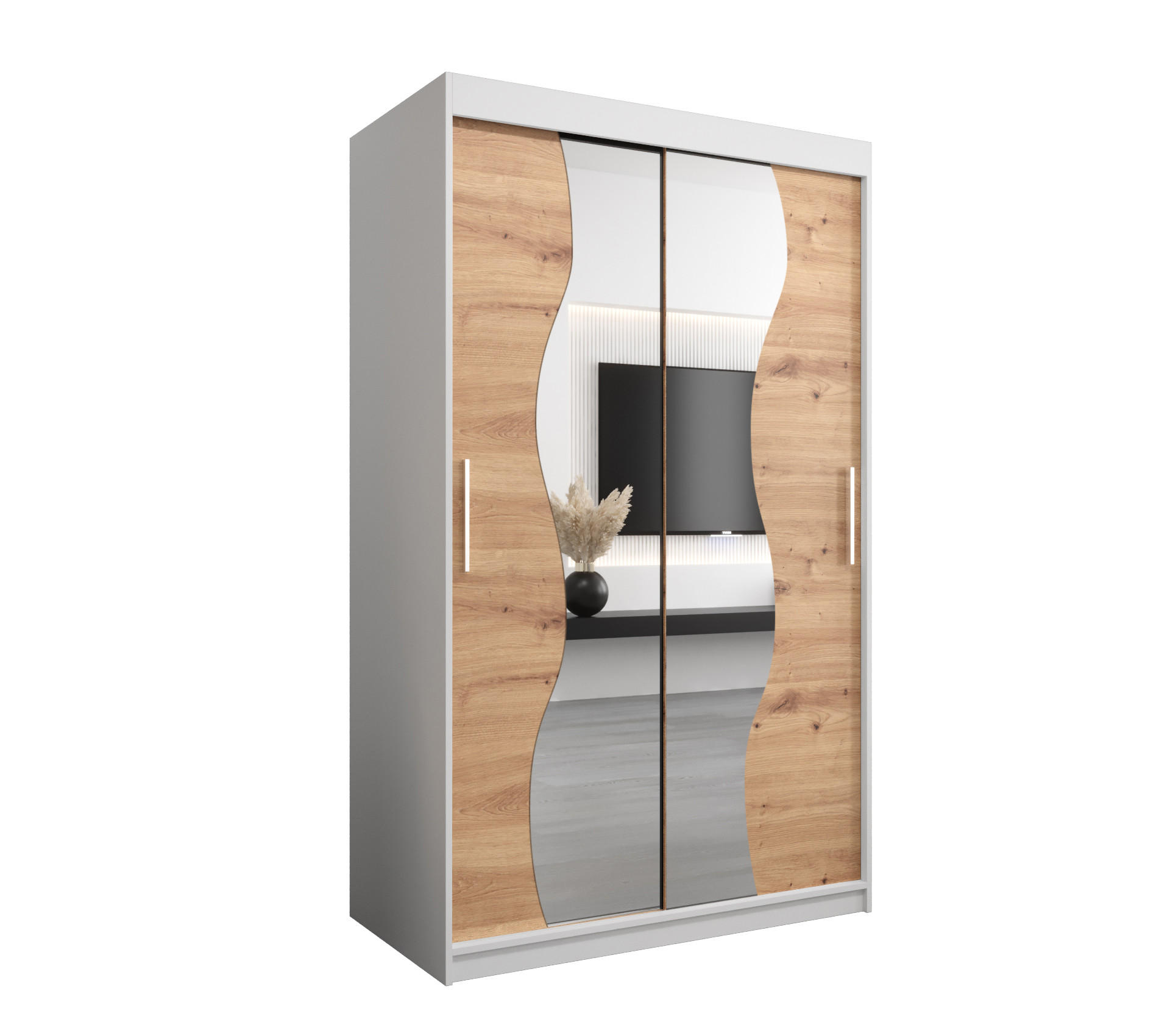 Abiks Möbel Schwebetürenschrank Weiß, Eiche Artisan 120x200x62 cm