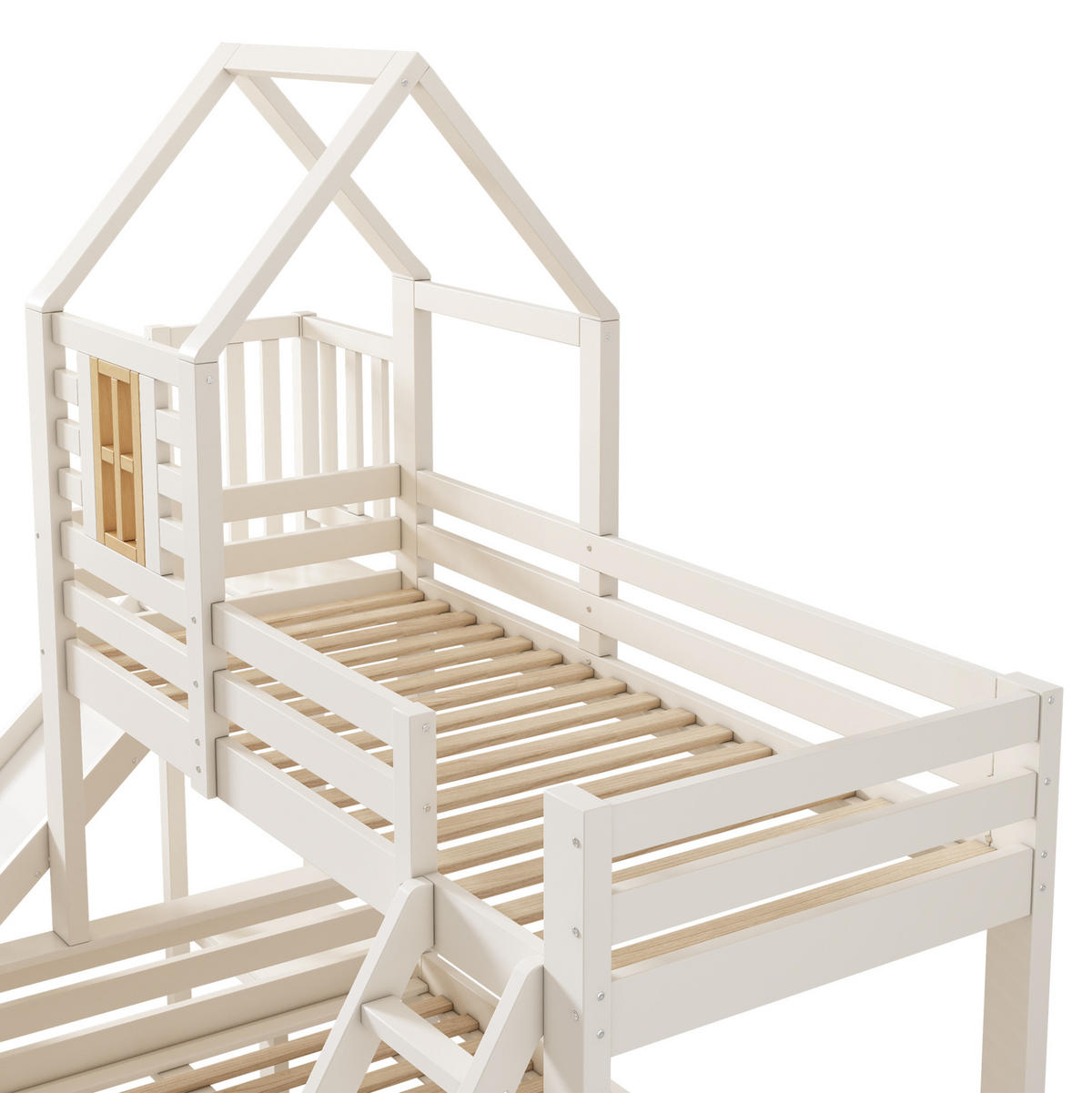 ETAGENBETT 90/140/200 cm mit Rutsche, Leiter und Schublade, Blockhaus-Optik und Metall, Weiß/Natur - Weiß, Metall (90/200cm) - Redom