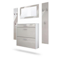 GARDEROBEN-SET Roma Air 4-teilig, Moderne Flurgarderoben Set mit Schuschrank, 2 Wandpaneele und Wandspiegel, Weiß matt/Sandgrau Hochglanz - Beige, Holzwerkstoff (190/200/23cm) - InnoFurn